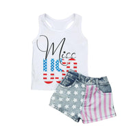 Load image into Gallery viewer, 2 Pieces Little Girl Independence Day Outfit Miss USA Print Tank Top &amp; Star Stripe Denim Shorts Wholesale 2617019
