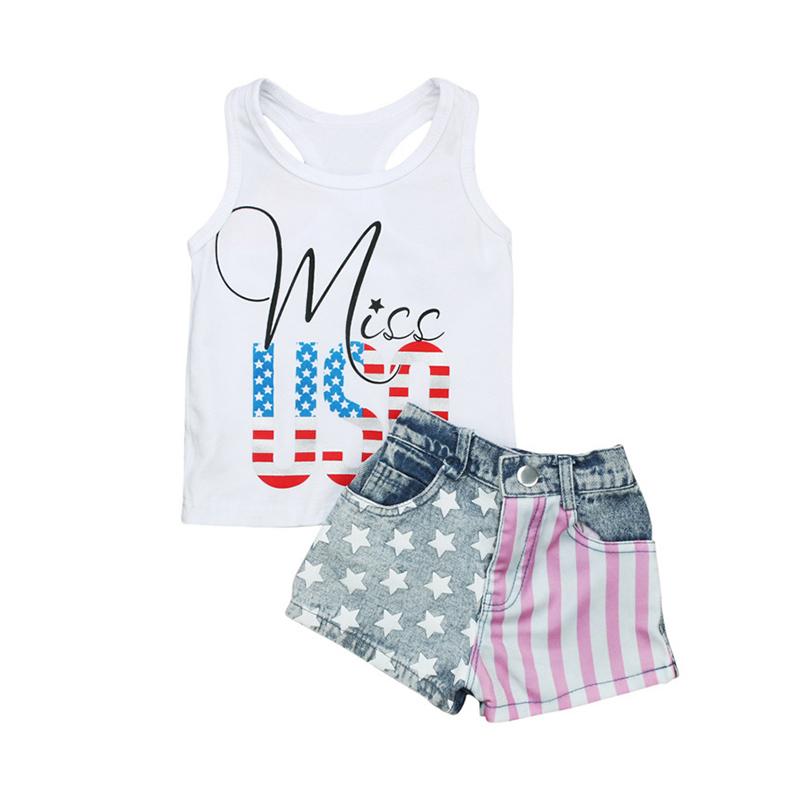 2 Pieces Little Girl Independence Day Outfit Miss USA Print Tank Top & Star Stripe Denim Shorts Wholesale 2617019