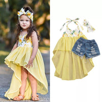 Load image into Gallery viewer, 3 PCS Girl Fruit Print Hi-Lo Halter Neck Top With Ripped Denim Shorts Headband Outfit Wholesale 8339558
