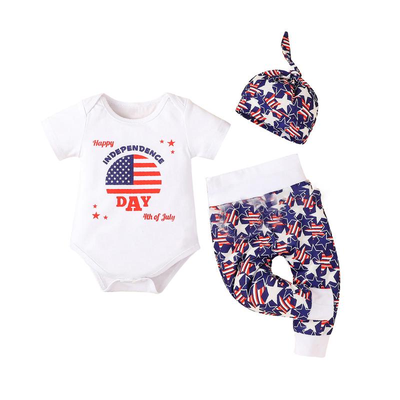 Three Pieces Baby Boy Happy Independence Day Bodysuit And Star Print Trousers And Hat Set Wholesale 23732201