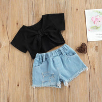 Load image into Gallery viewer, 2 Pieces Kid Girl Knotted Black Top And Denim Shorts Set Wholesale 7020549

