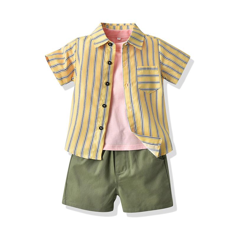 3-Piece Little Boy Plaid Or Stripe Shirt & Solid Color Tee & Shorts Set Wholesale 8048094