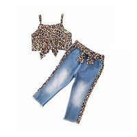 Load image into Gallery viewer, 2 Pieces Kid Girl Leopard Knotted Hem Cami Crop Top And Jeans Set Wholesale 6262552
