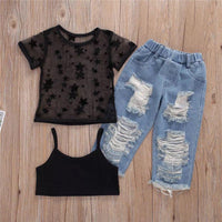 Load image into Gallery viewer, Three Pieces Kid Girl Star Mesh Top &amp; Cropped Cami Top &amp; Ripped Jeans Onesie Wholesale 1214553
