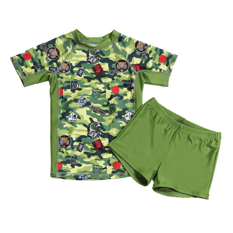 Kid Boy Camo Animal Print Beachwear Set Long Sleeve Top & Shorts & Hat Wholesale 20081524