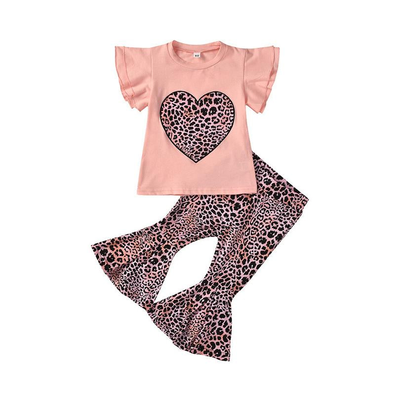 2 Pieces Kid Girl Leopard Love Heart Set Flutter Sleeve Top And Flared Pants  Wholesale 39104539