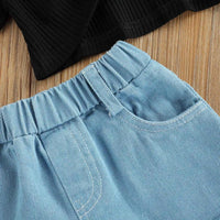 Load image into Gallery viewer, 2 Pieces Kid Girl Knotted Black Top And Denim Shorts Set Wholesale 7020549
