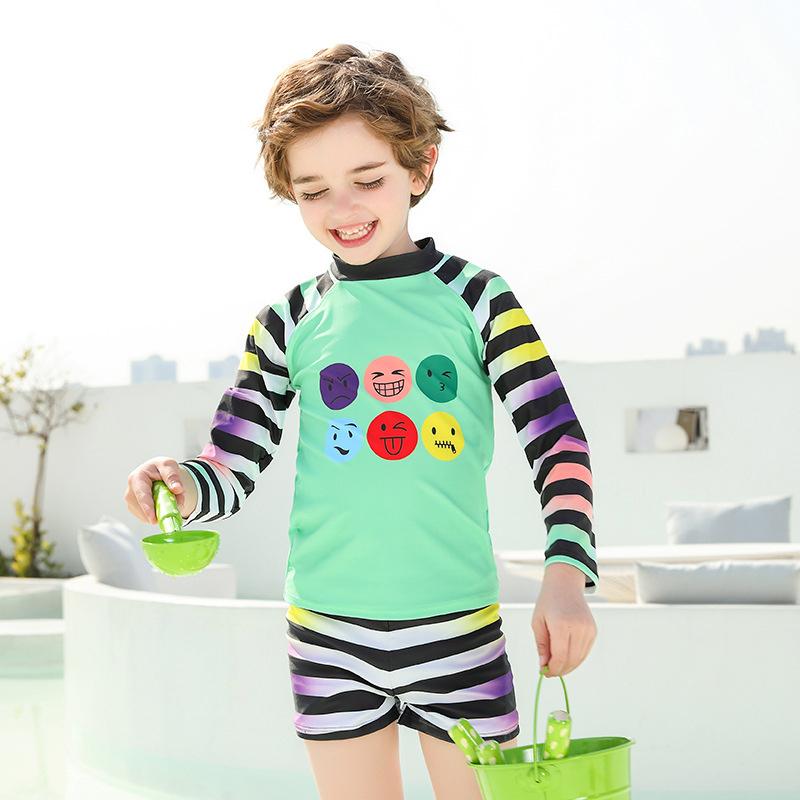 2 Pieces Little Big Boy Swimwear Set Expression Stripe Top And Shorts Wholesale 90621481