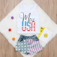 Load image into Gallery viewer, 2 Pieces Little Girl Independence Day Outfit Miss USA Print Tank Top &amp; Star Stripe Denim Shorts Wholesale 2617019
