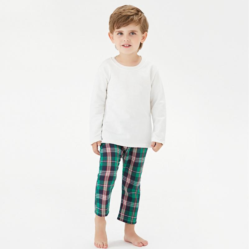 2 Pcs Toddler Boy Pajamas Set White Top & Plaid Trousers Wholesale 61405144