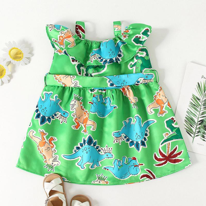 Kid Girl Dinosaur Pattern Off Shoulder Belted Dress  Wholesale 33041581