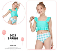 Load image into Gallery viewer, Two Pieces Kid Girl Swimsuit Set Ruffled Hem Top And Plaid Shorts Wholesale 3701490
