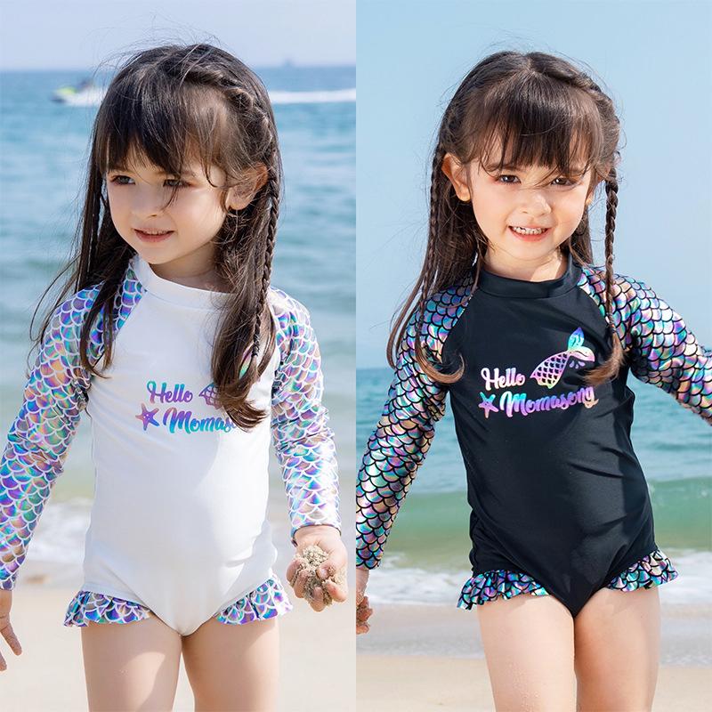 One-piece Girl Mermaid Print Long Sleeve Swimsuit And Hat Wholesale 7771605