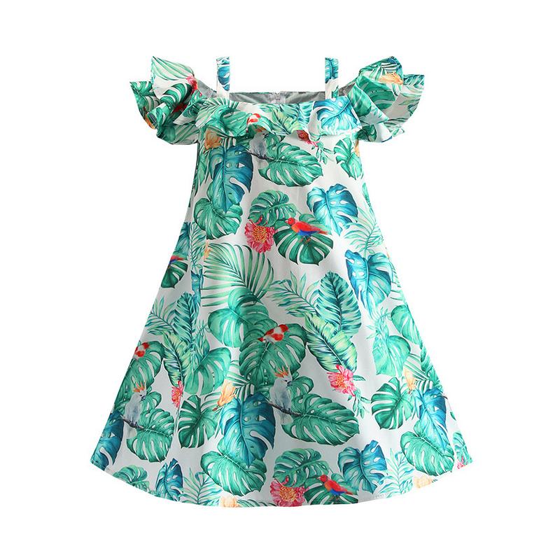 Kid Girl Summer Off Shoulder Dress With Leaves Flower Print Wholesale 12981597