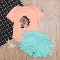 Load image into Gallery viewer, Two Pieces Baby Girl Wild Print Bodysuit And  Fringe Trim Shorts Set wholesale 0570026
