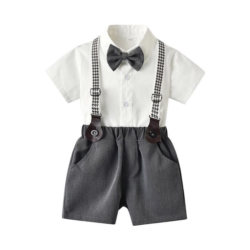 Two-piece Kid Boy Gentleman Set Short-sleeved Bow Tie Shirt With Suspender Shorts Wholesale 8706079