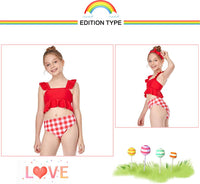 Load image into Gallery viewer, Two Pieces Kid Girl Swimsuit Set Ruffled Hem Top And Plaid Shorts Wholesale 3701490
