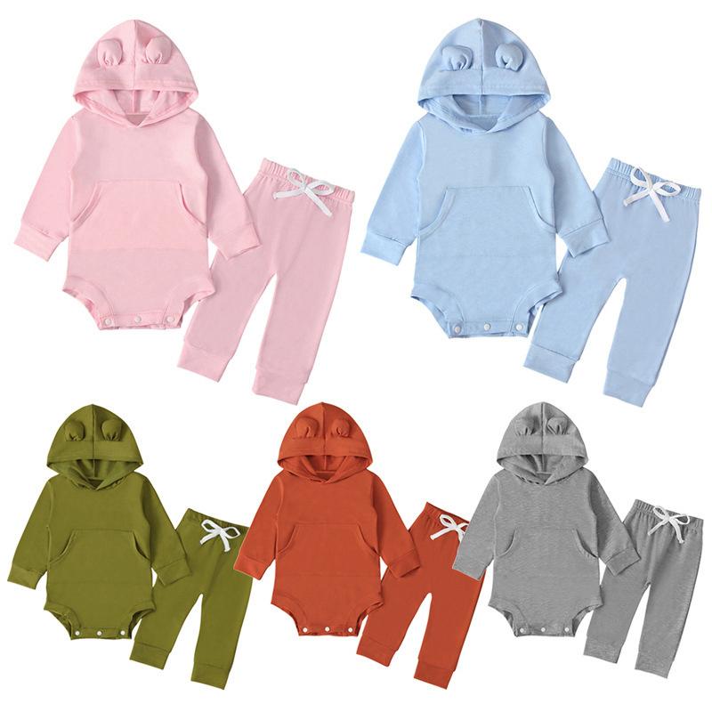 2 Pieces Set Baby Solid Color Hooded Bodysuit And Pants Wholesale 9091021