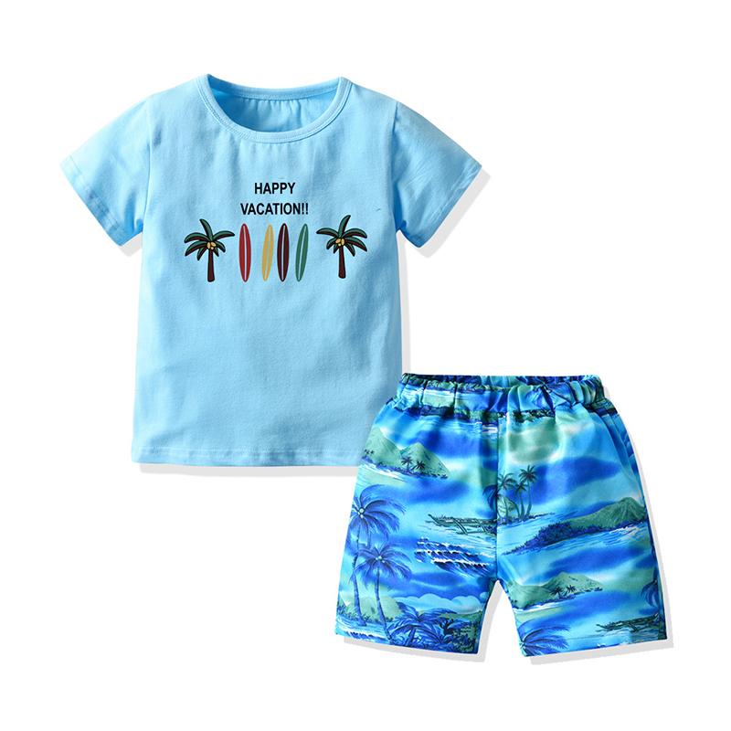Two Pieces Little Boy Happy Vocation Tee And Plaid Coconut Tree Print Shorts Outfit Wholesale 95271353