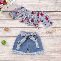 Load image into Gallery viewer, 2-Piece Baby Toddler Kid Girl Flower Stripe Off Shoulder Crop Top And Belted Ripped Denim Shorts Set Wholesale 30071848
