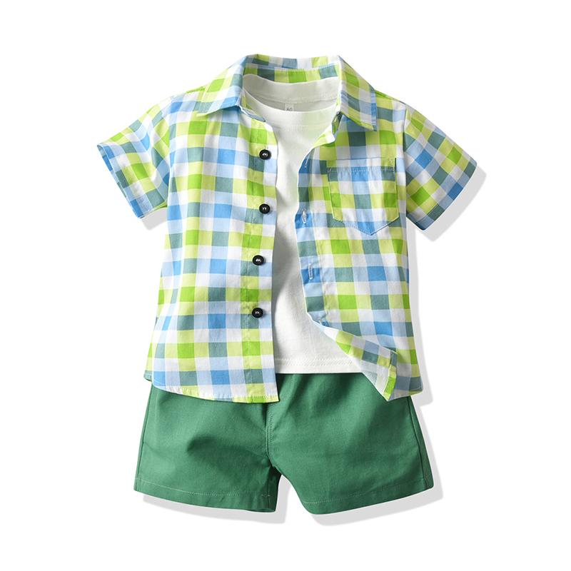 3 Pieces Kid Boy White Tee & Plaid Shirt & Shorts Set Wholesale 6725055