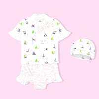 Load image into Gallery viewer, Three Pieces Girl Swimsuit Set Sailboat Top &amp; Stripe Shorts &amp; Hat Wholesale 6328611
