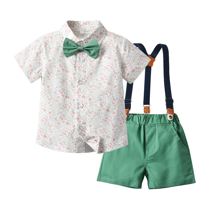 2 Pieces Toddler Kid Boy Floral Bowtie Shirt And Suspender Shorts Set Wholesale 3061157