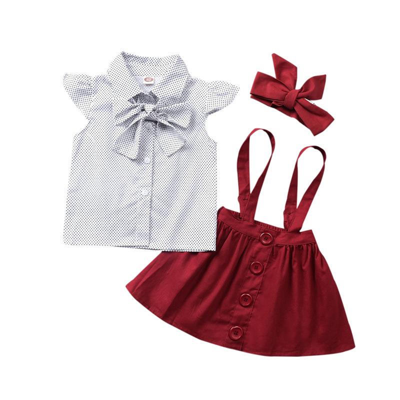 3 PCS Little Girl Polka Dots Bow Shirt Plain Suspender Skirt Headband Outfit Wholesale 954796