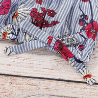 Load image into Gallery viewer, 2-Piece Baby Toddler Kid Girl Flower Stripe Off Shoulder Crop Top And Belted Ripped Denim Shorts Set Wholesale 30071848

