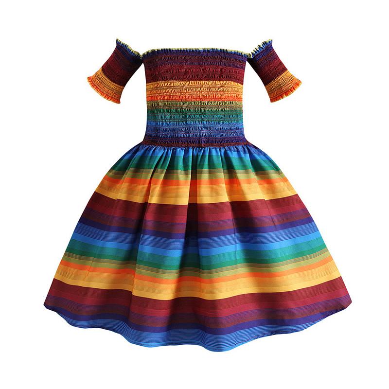 2021 summer new rainbow off-shoulder pleated princess dress Wholesale 99271582
