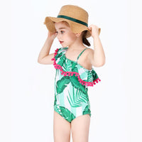 Load image into Gallery viewer, Two Pieces Little Girl Pom Pom Trim Off Shoulder Swimsuit And Hat Leaves Print Wholesale 6491625
