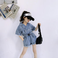 Load image into Gallery viewer, 2 Pieces Little Girl Denim Set Cropped Top Matching Belted Shorts Wholesale 46061916
