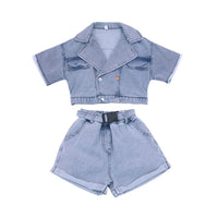 Load image into Gallery viewer, 2 Pieces Little Girl Denim Set Cropped Top Matching Belted Shorts Wholesale 46061916
