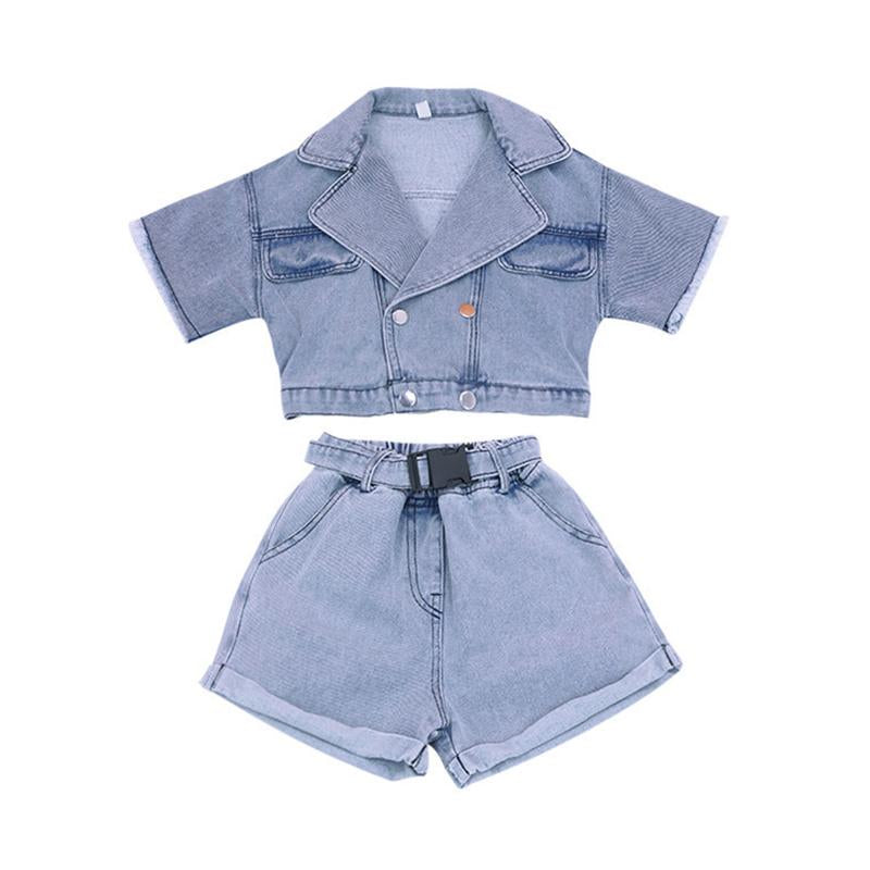 2 Pieces Little Girl Denim Set Cropped Top Matching Belted Shorts Wholesale 46061916