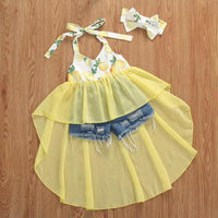 Load image into Gallery viewer, 3 PCS Girl Fruit Print Hi-Lo Halter Neck Top With Ripped Denim Shorts Headband Outfit Wholesale 8339558
