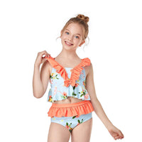 Load image into Gallery viewer, Two Pieces Kid Girl Swimsuit Set Ruffled Hem Top And Plaid Shorts Wholesale 3701490
