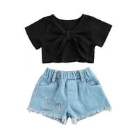 Load image into Gallery viewer, 2 Pieces Kid Girl Knotted Black Top And Denim Shorts Set Wholesale 7020549
