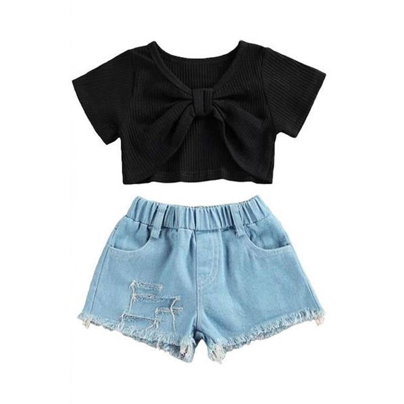 2 Pieces Kid Girl Knotted Black Top And Denim Shorts Set Wholesale 7020549