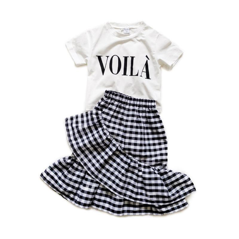 2 Pieces Kid Girl Letter Top And Ruffle Trim Skirt Set Wholesale 01371063
