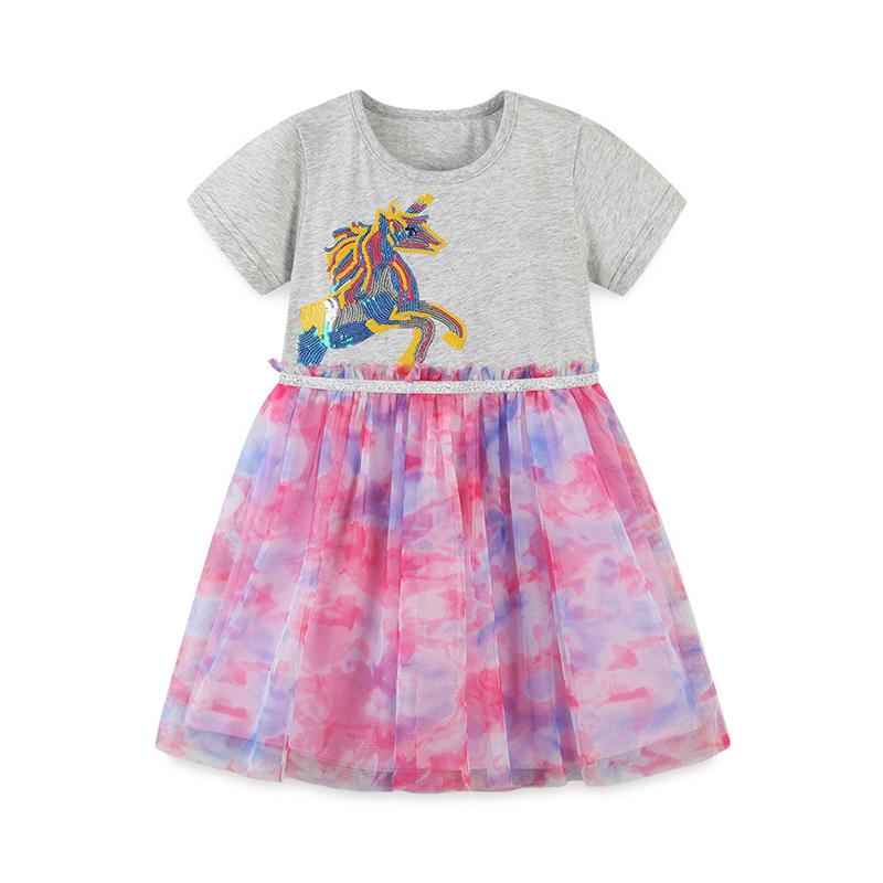 6 Packs Kid Girl Sequins Unicorn Mesh Dress Wholesale 0815150