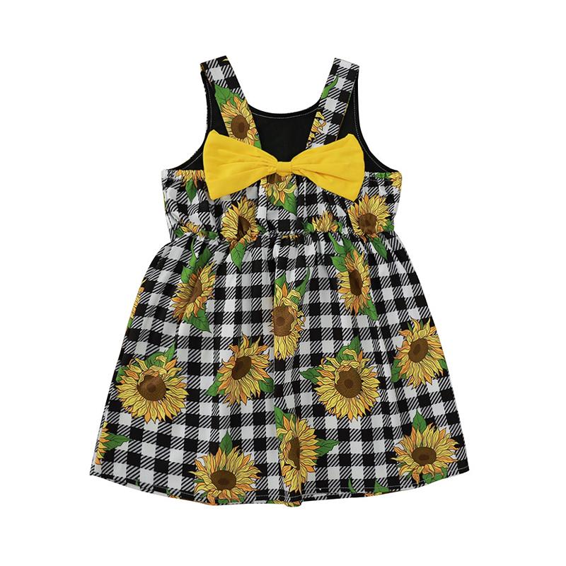 Little Girl Bow Plaid Sunflower Print Cami Dress Wholesale 30472973