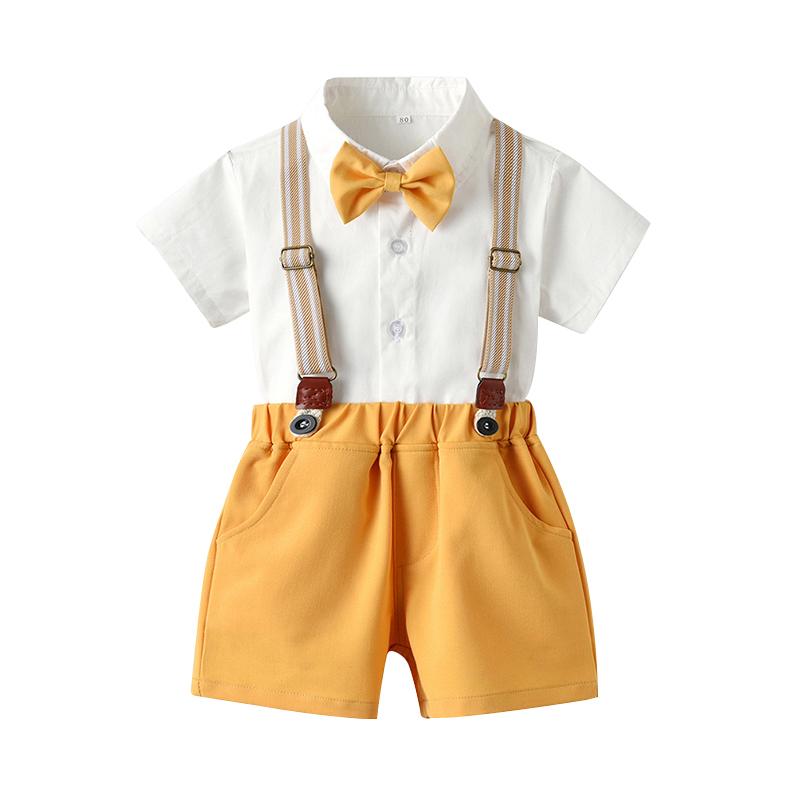 Two-piece Kid Boy Gentleman Set Short-sleeved Bow Tie Shirt With Suspender Shorts Wholesale 8706079