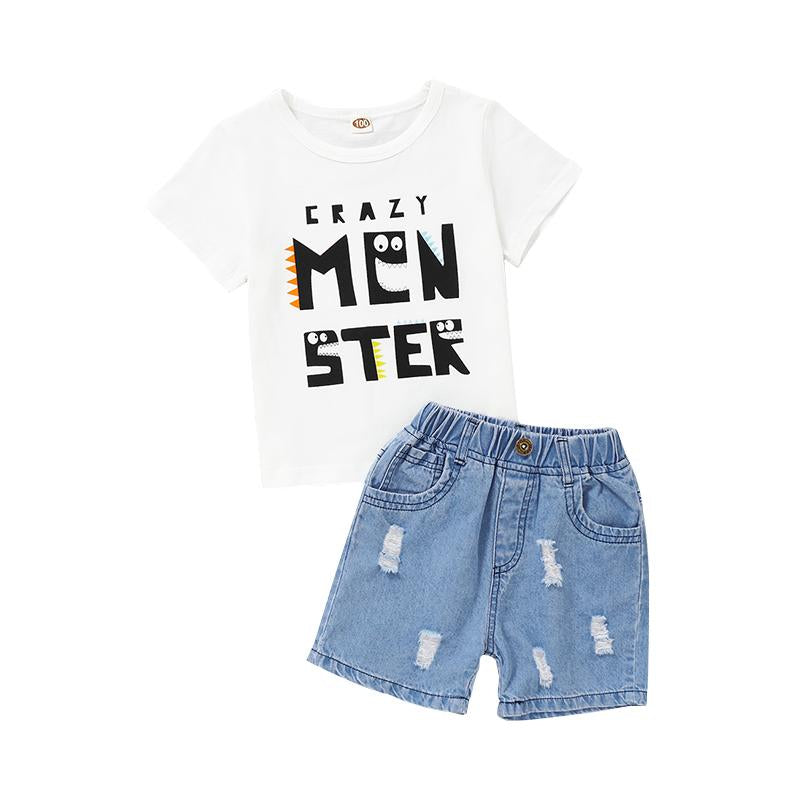 2 Pieces Kid Boy Crazy Monster T-shirt Matching Ripped Denim Shorts Set Wholesale 72321881