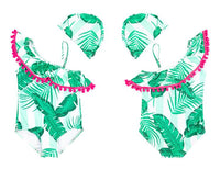 Load image into Gallery viewer, Two Pieces Little Girl Pom Pom Trim Off Shoulder Swimsuit And Hat Leaves Print Wholesale 6491625
