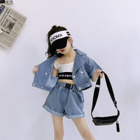 Load image into Gallery viewer, 2 Pieces Little Girl Denim Set Cropped Top Matching Belted Shorts Wholesale 46061916
