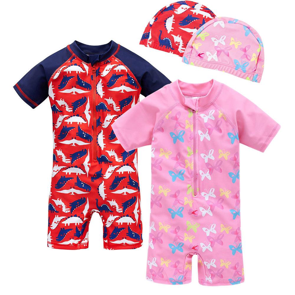 2 Pieces Baby Kid Butterfly & Fish Print Half Zipper Swimsuit With Hat Wholesale 5548011