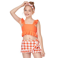 Load image into Gallery viewer, Two Pieces Kid Girl Swimsuit Set Ruffled Hem Top And Plaid Shorts Wholesale 3701490
