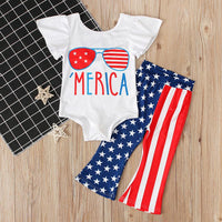 Load image into Gallery viewer, 2-Piece Baby Toddler Girl Independence Day Set Off Shoulder Glasses Bodysuit With Flared Pants Wholesale 1499018
