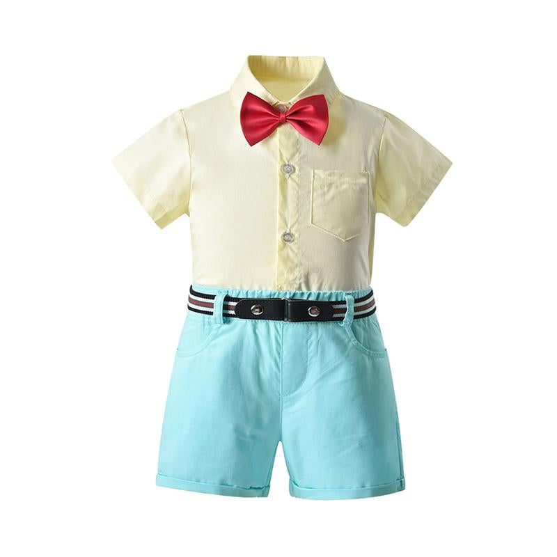 Two-Piece Kid Boy Solid Color Gentleman Bowtie Shirt With Belted Shorts Set Wholesale 92251380