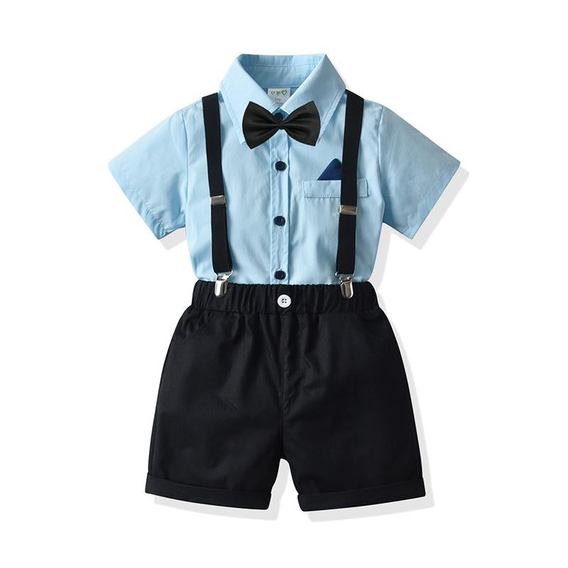 2-Piece Baby Toddler Kid Boy Bow Tie Blue Shirt & Suspender Shorts Outfit Wholesale 24361382